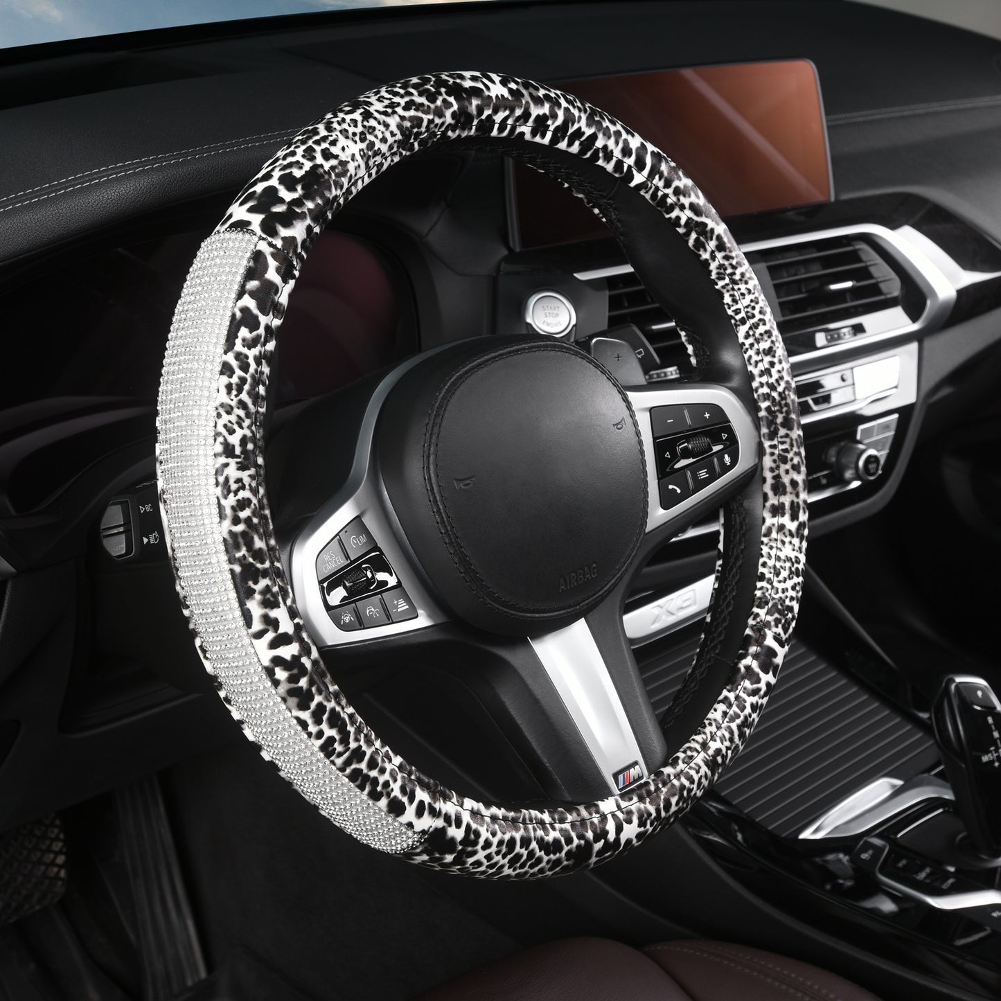 Autoyouth Universal 15 Inch Leopard Pattern PU Leather Steering Wheel Cover with Bling Crystal Rhinestones - Anti-Slip, Soft to Touch, Easy to Install, Fashionable Accessory for Women and Girls - Fits Most Vehicles, Cars, and Autos