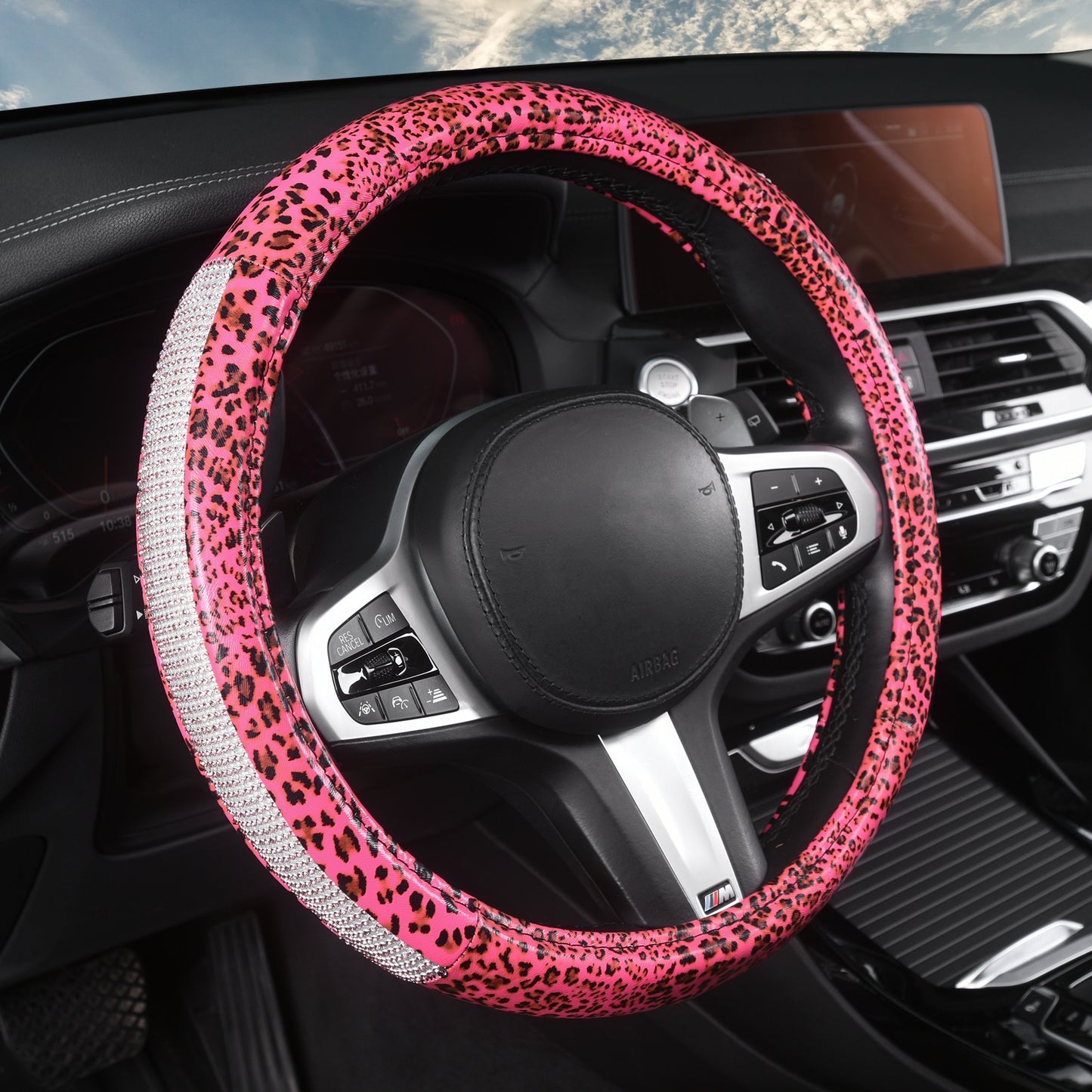 Autoyouth Universal 15 Inch Leopard Pattern PU Leather Steering Wheel Cover with Bling Crystal Rhinestones - Anti-Slip, Soft to Touch, Easy to Install, Fashionable Accessory for Women and Girls - Fits Most Vehicles, Cars, and Autos