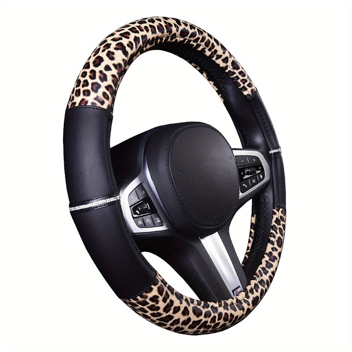Leopard Leather Steering Wheel Cover for Women Girls with Bling Bling Crystal Rhinestones Anti-Slip Universal 15 Inch Fit for Vehicle, Car, Auto