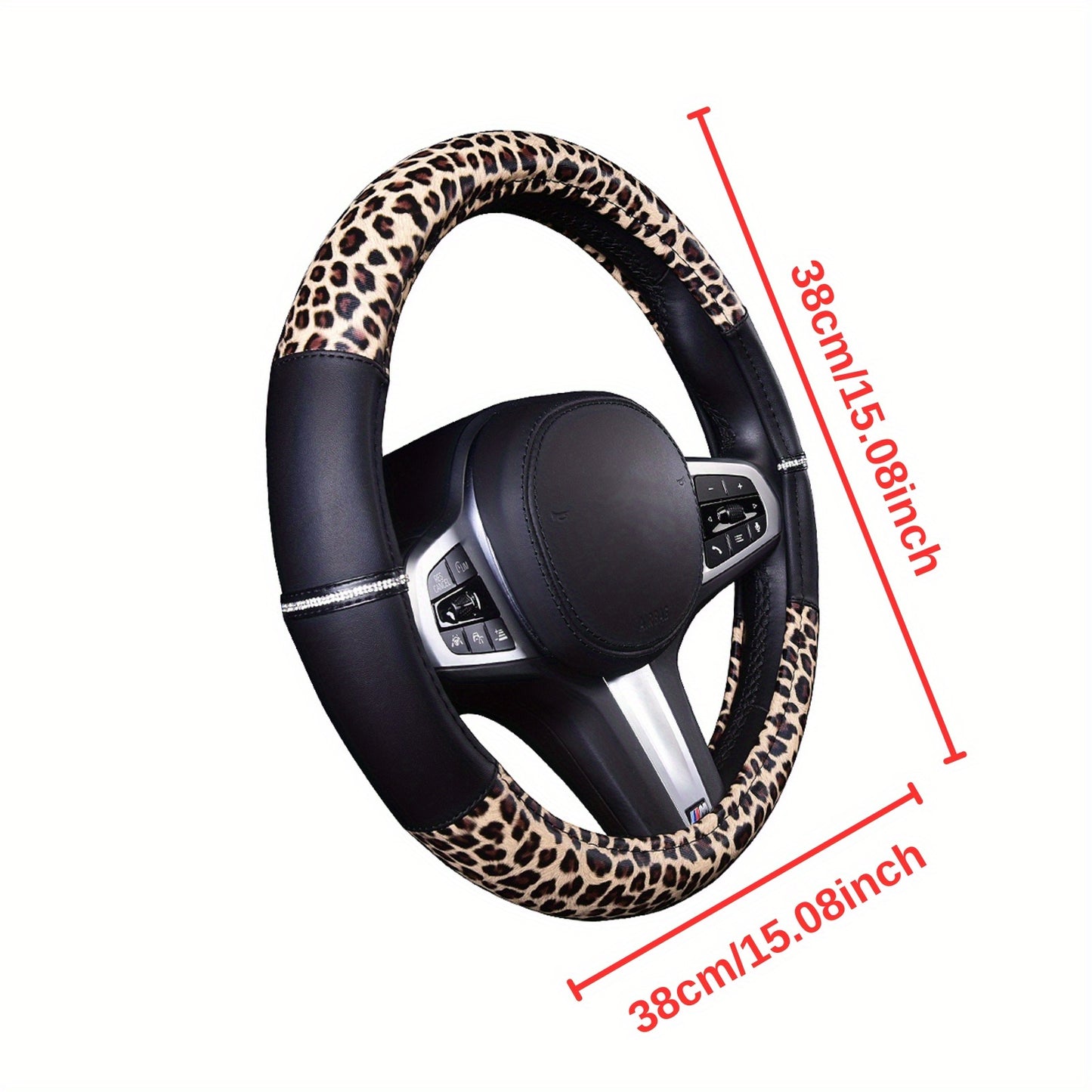 Autoyouth Leopard Leather Steering Wheel Cover for Women Girls with Bling Bling Crystal Rhinestones Anti-Slip Universal 15 Inch Fit for Vehicle, Car, Auto