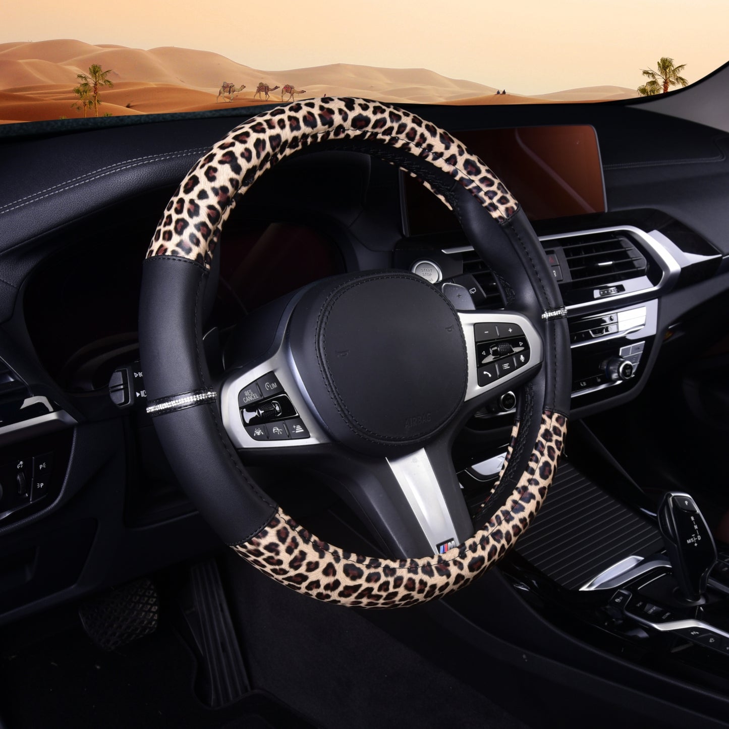 Autoyouth Leopard Leather Steering Wheel Cover for Women Girls with Bling Bling Crystal Rhinestones Anti-Slip Universal 15 Inch Fit for Vehicle, Car, Auto