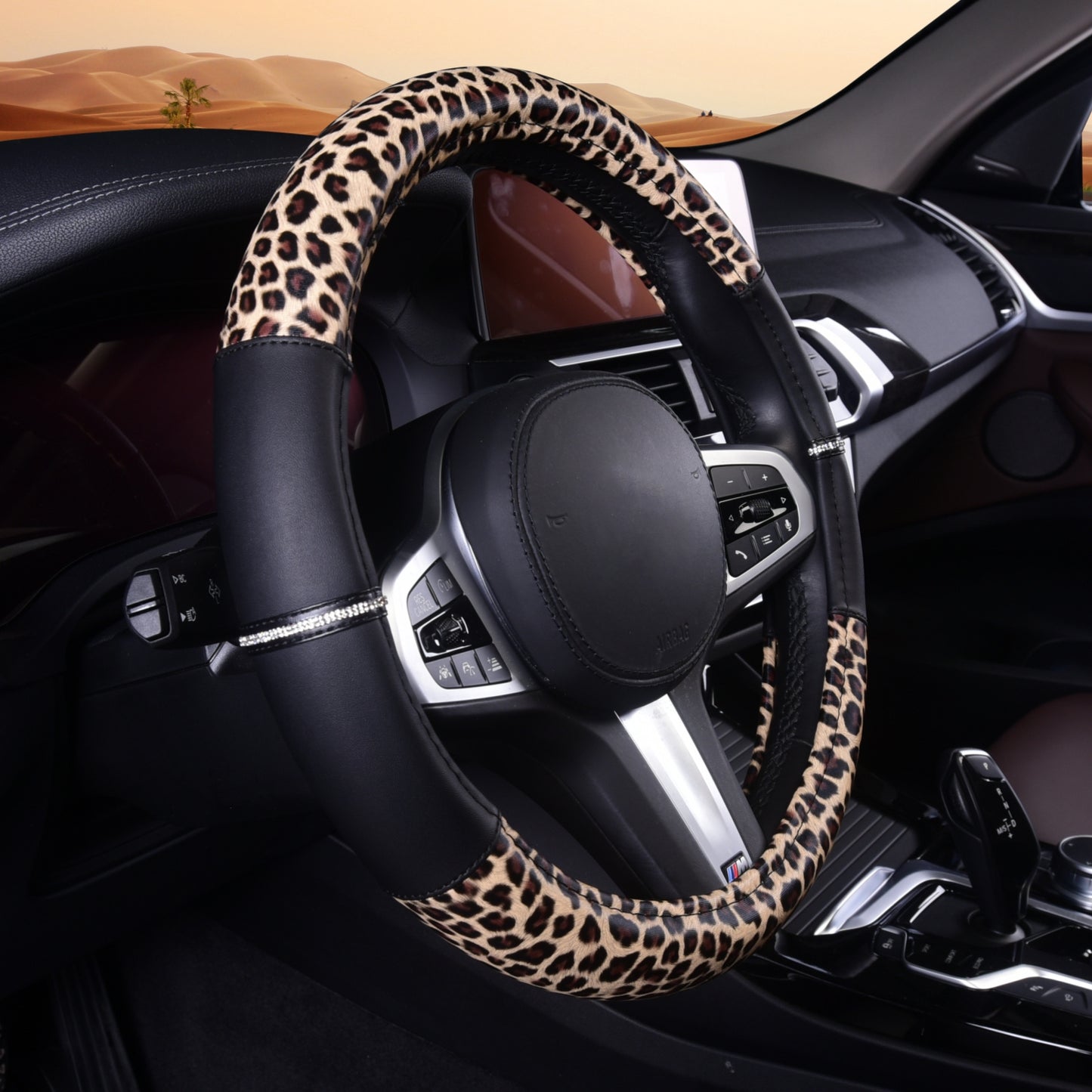 Autoyouth Leopard Leather Steering Wheel Cover for Women Girls with Bling Bling Crystal Rhinestones Anti-Slip Universal 15 Inch Fit for Vehicle, Car, Auto