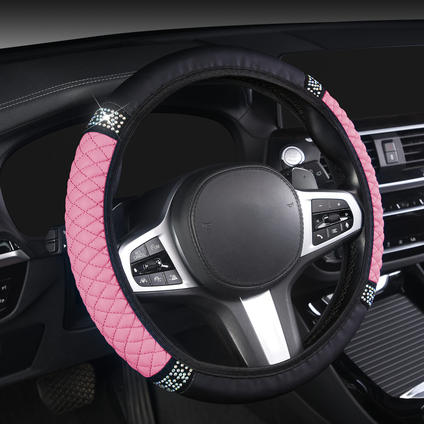 Autoyouth Pink Steering Wheel Cover Women with Bling Bling Crystal Diamond Elastic Stretch Leather Universal 15 Inch