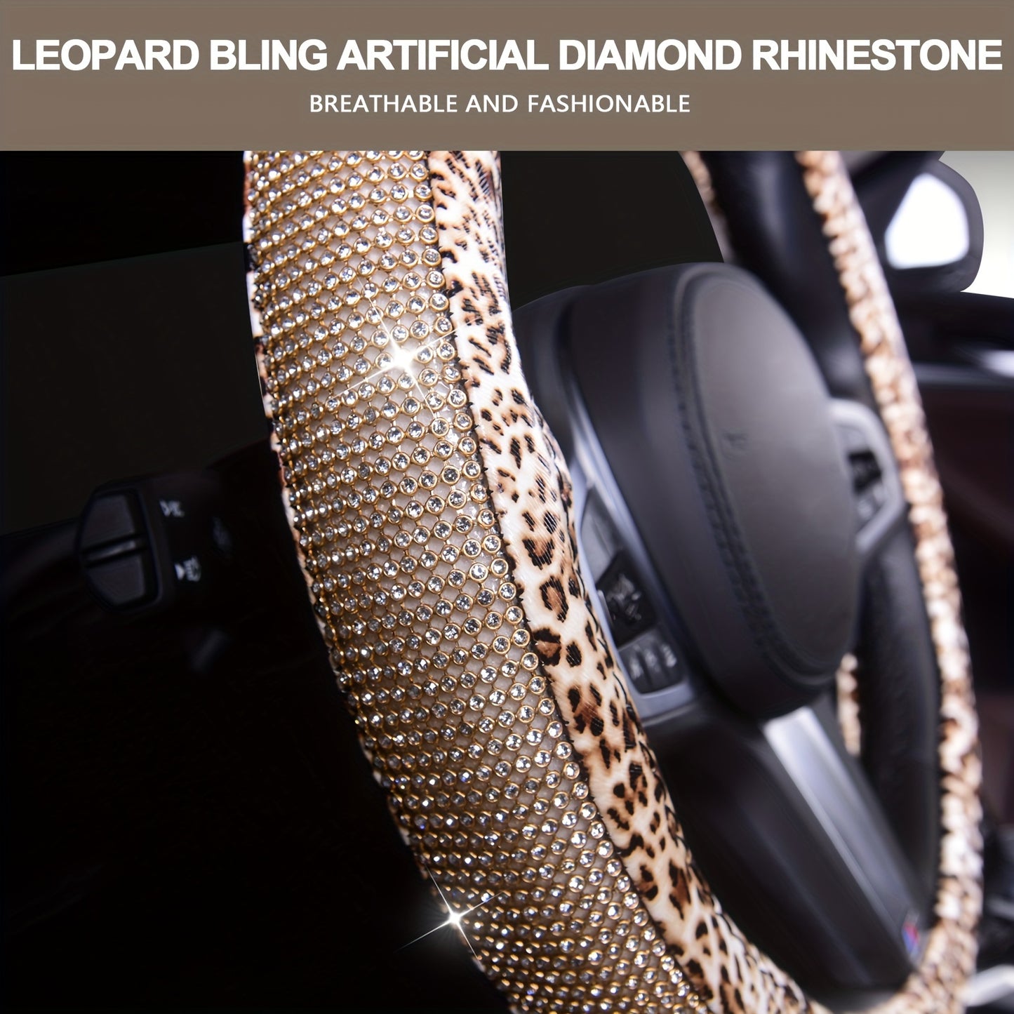 Autoyouth Universal 15 Inch Leopard Pattern PU Leather Steering Wheel Cover with Bling Crystal Rhinestones - Anti-Slip, Soft to Touch, Easy to Install, Fashionable Accessory for Women and Girls - Fits Most Vehicles, Cars, and Autos