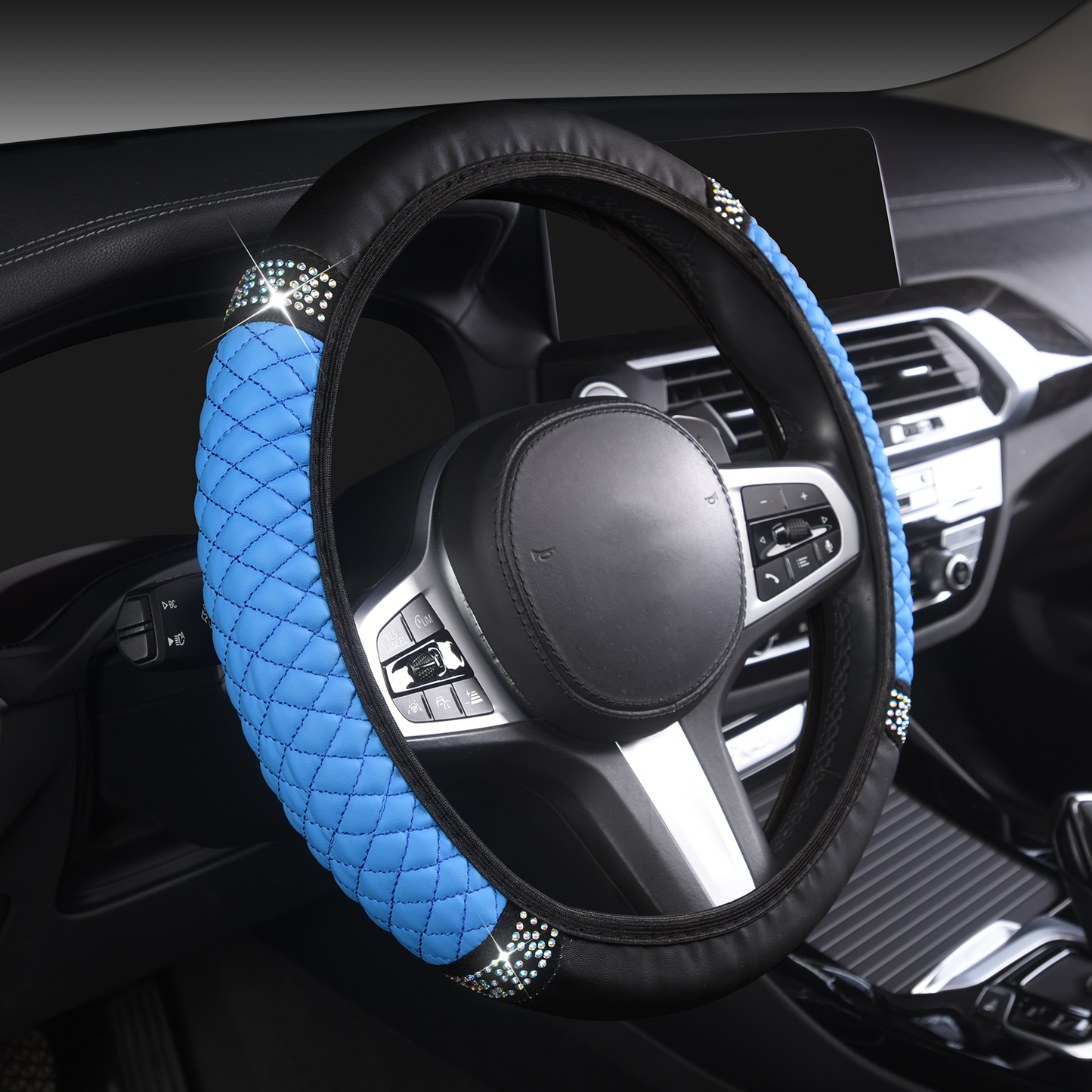 Autoyouth Pink Steering Wheel Cover Women with Bling Bling Crystal Diamond Elastic Stretch Leather Universal 15 Inch