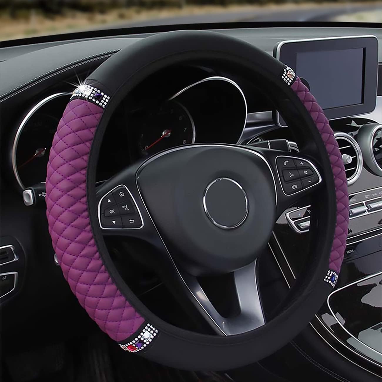 Autoyouth Pink Steering Wheel Cover Women with Bling Bling Crystal Diamond Elastic Stretch Leather Universal 15 Inch