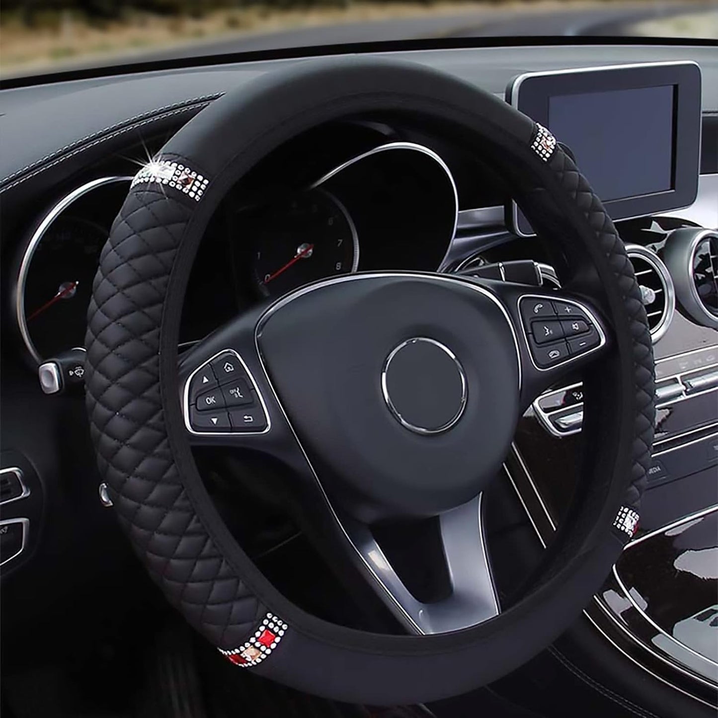 Autoyouth Pink Steering Wheel Cover Women with Bling Bling Crystal Diamond Elastic Stretch Leather Universal 15 Inch
