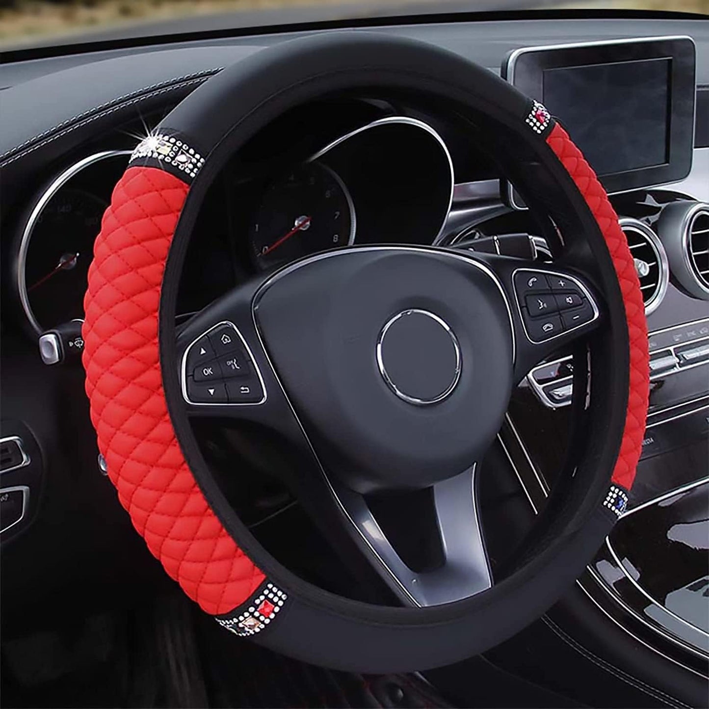 Autoyouth Pink Steering Wheel Cover Women with Bling Bling Crystal Diamond Elastic Stretch Leather Universal 15 Inch