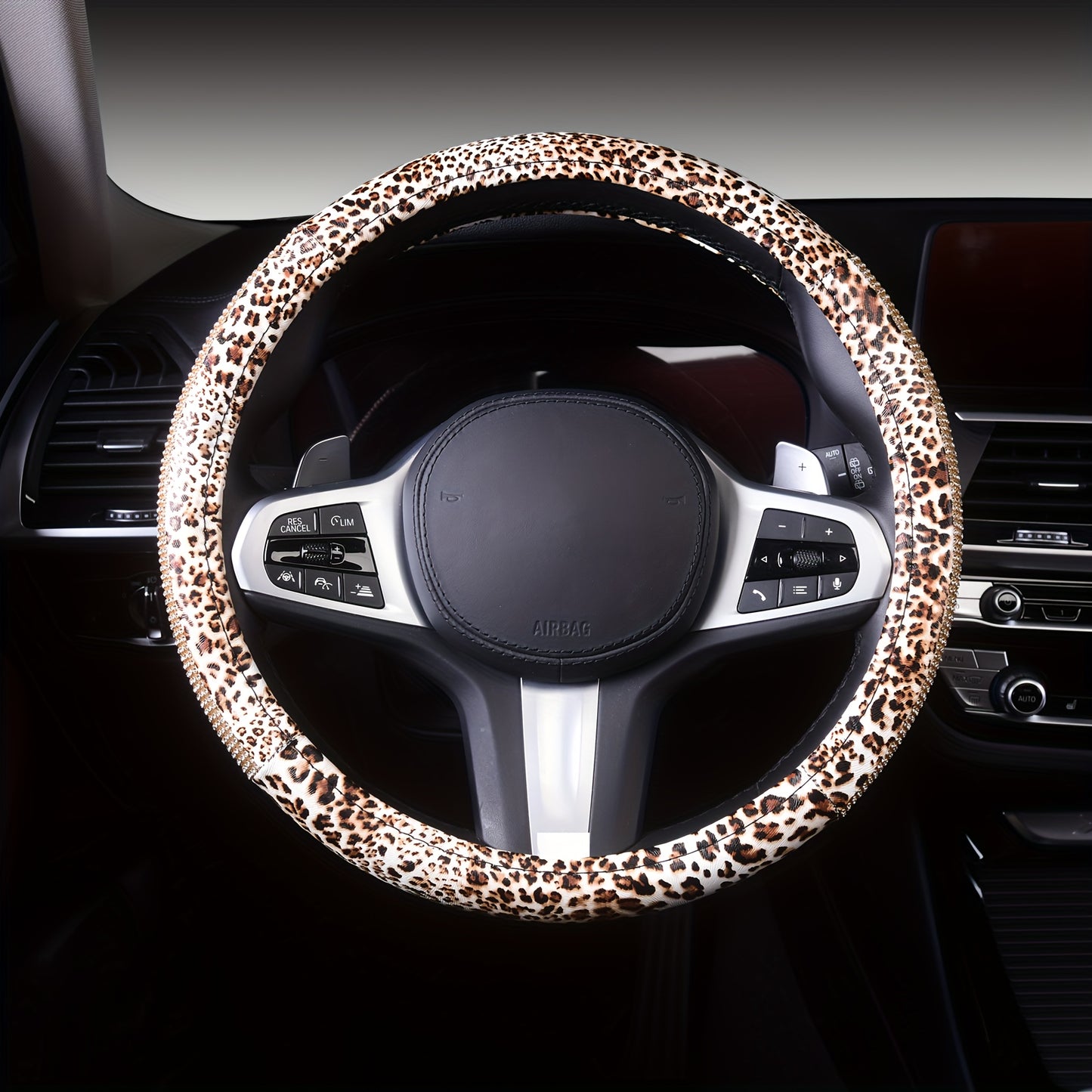 Autoyouth Universal 15 Inch Leopard Pattern PU Leather Steering Wheel Cover with Bling Crystal Rhinestones - Anti-Slip, Soft to Touch, Easy to Install, Fashionable Accessory for Women and Girls - Fits Most Vehicles, Cars, and Autos