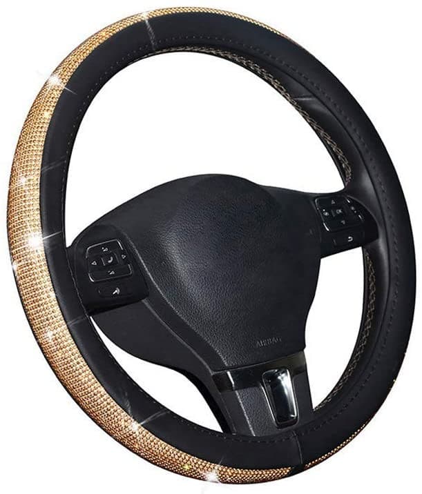 Autoyouth Bling Steering Wheel Cover for Women, PU Leather Car Steering Covers with Crystal Rhinestones Universal for 37-38cm