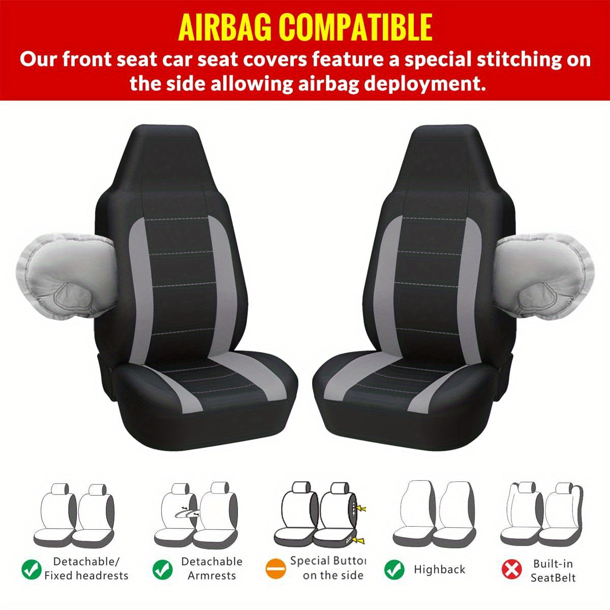 2PC Racing Style Integrated Front Bucket Seat Cover Flat Cloth Two Tone Colors Auto Accessories Universal Fits for Most Cars, SUV, Truck