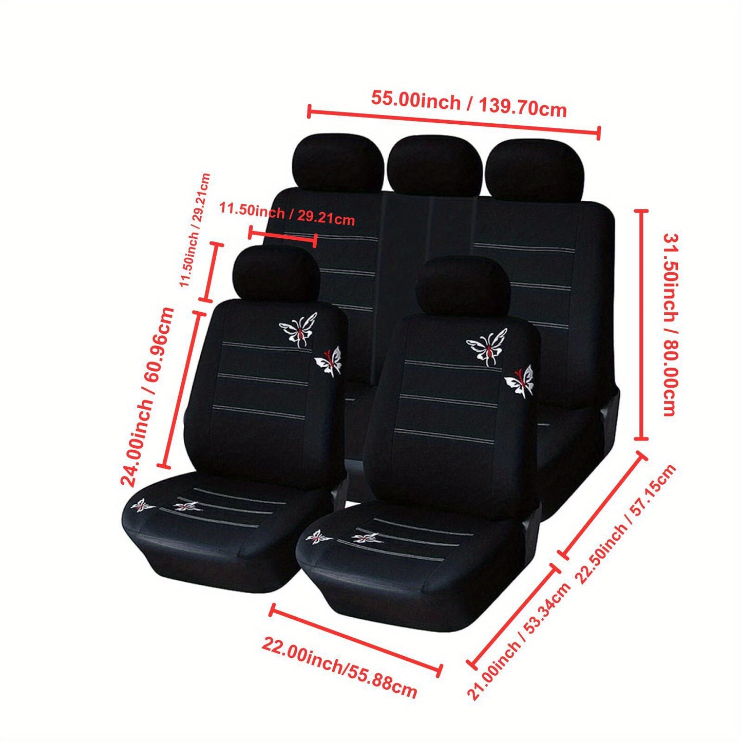 Black Five Seat Car Seat Covers Full Set, Washable and Breathable Premium Cloth Seat with butterfly printing, Split Bench Seat Covers for Cars, Universal Fit for Most Car Interior Covers Sedan Truck SUV