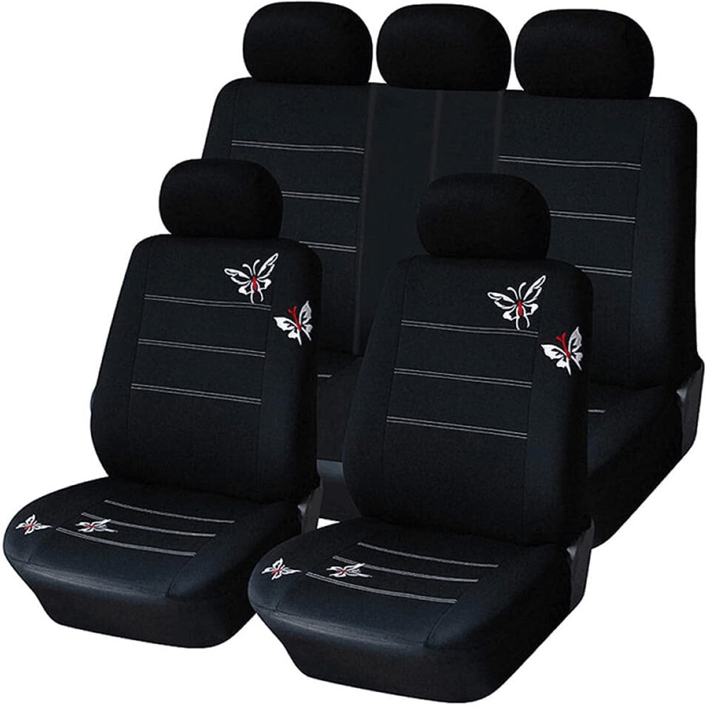 Black Five Seat Car Seat Covers Full Set, Washable and Breathable Premium Cloth Seat with butterfly printing, Split Bench Seat Covers for Cars, Universal Fit for Most Car Interior Covers Sedan Truck SUV