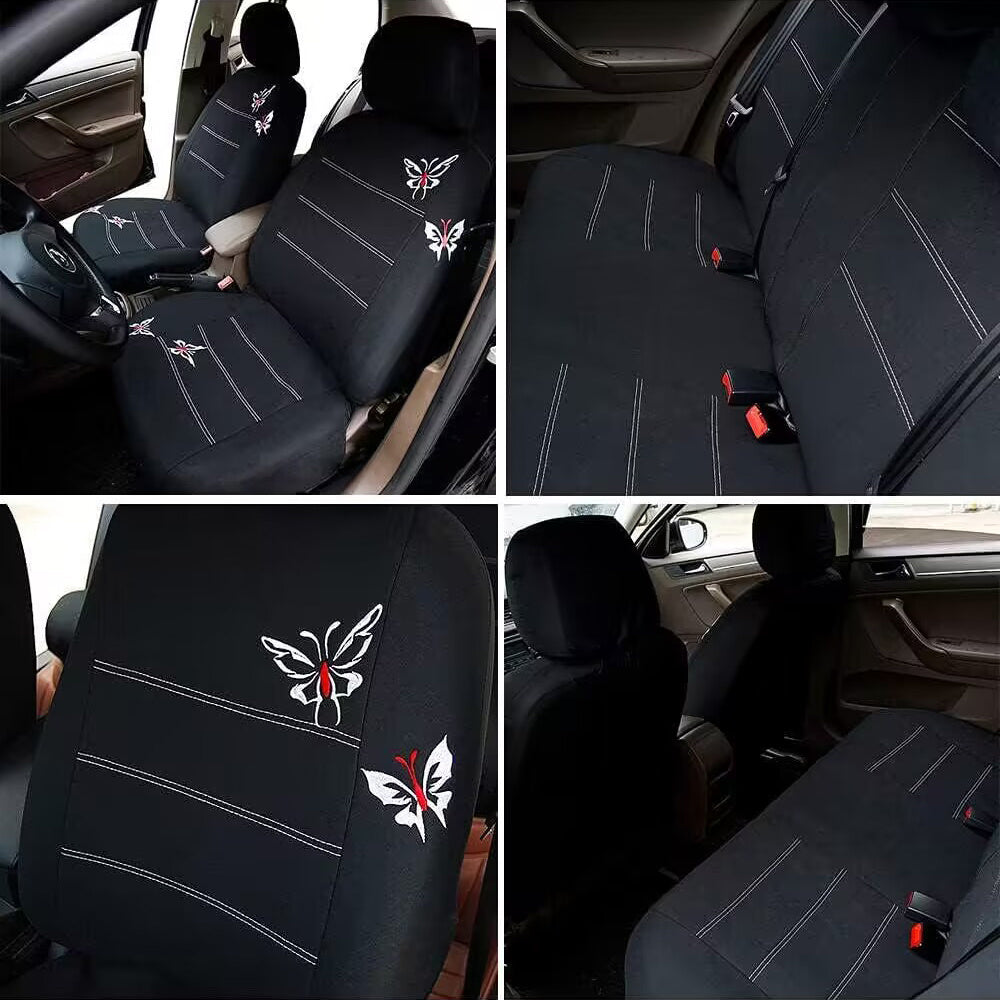 Black Five Seat Car Seat Covers Full Set, Washable and Breathable Premium Cloth Seat with butterfly printing, Split Bench Seat Covers for Cars, Universal Fit for Most Car Interior Covers Sedan Truck SUV