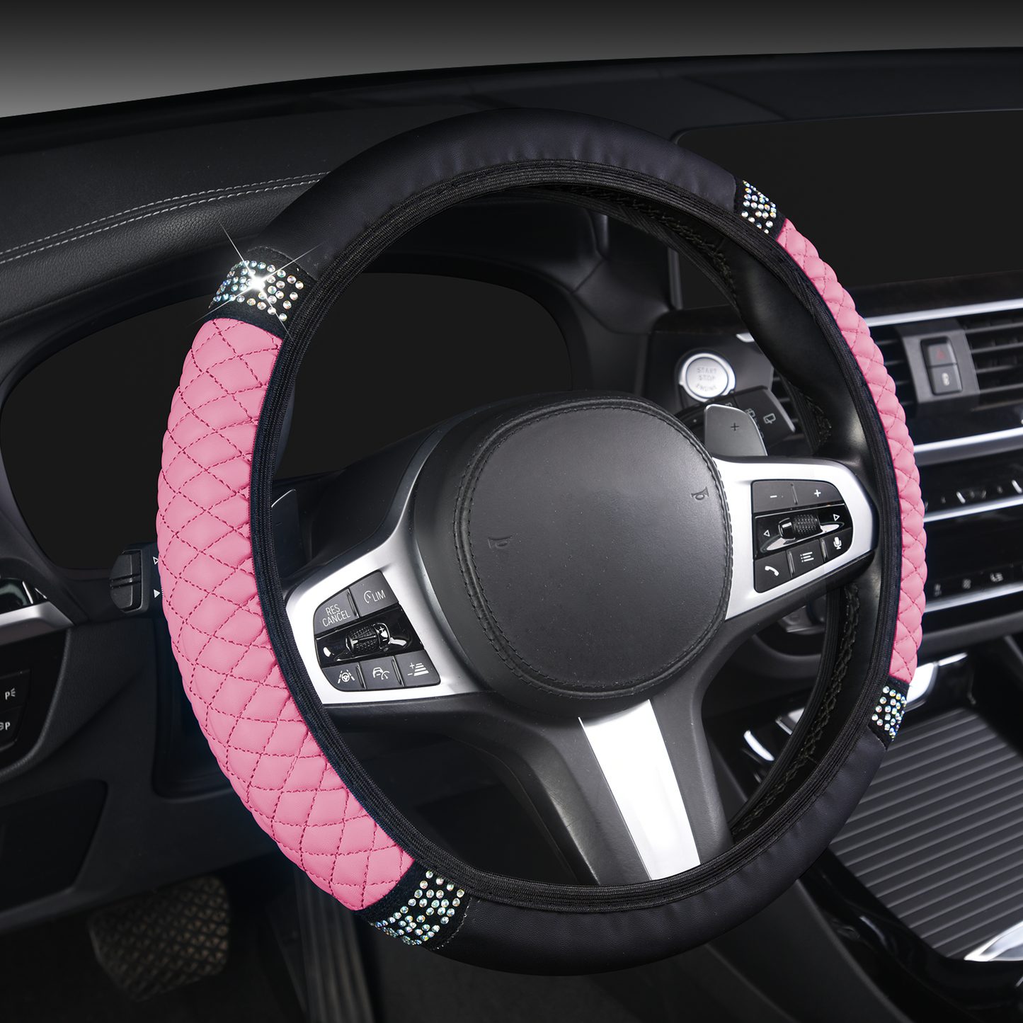 Pink Steering Wheel Cover Women with Bling Bling Crystal Diamond Elastic Stretch Leather Universal 15 Inch