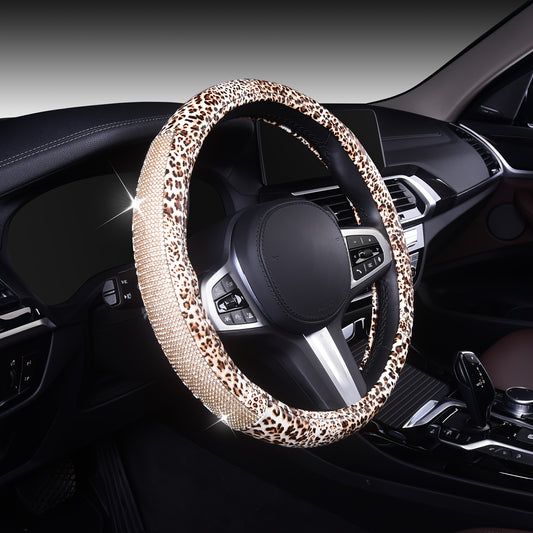 Universal 15 Inch Leopard Pattern PU Leather Steering Wheel Cover with Bling Crystal Rhinestones - Anti-Slip, Soft to Touch, Easy to Install, Fashionable Accessory for Women and Girls - Fits Most Vehicles, Cars, and Autos