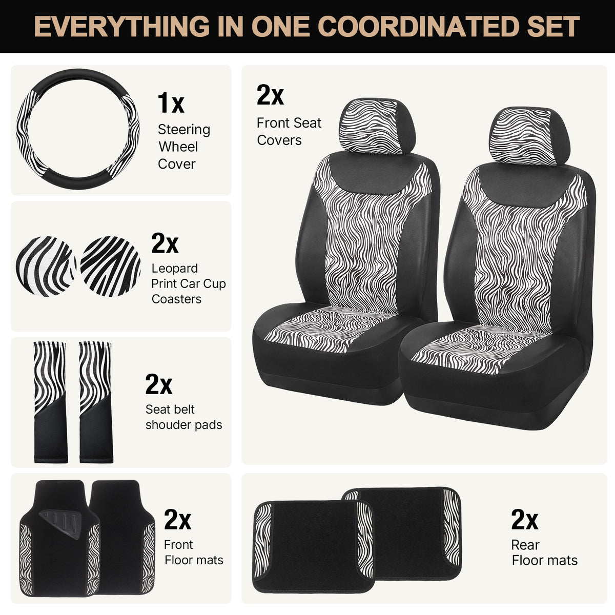 Zebra Print Car Seat Covers Set