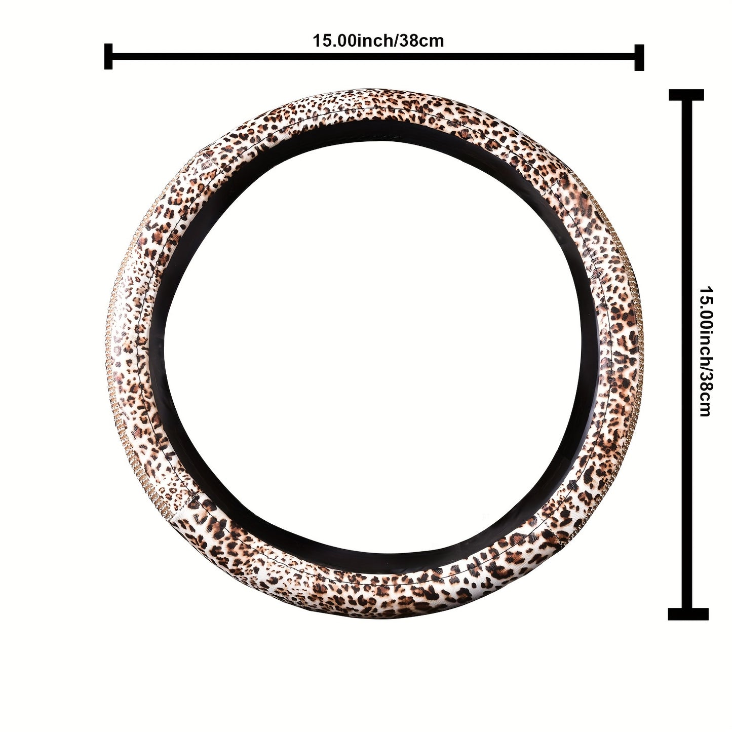 Universal 15 Inch Leopard Pattern PU Leather Steering Wheel Cover with Bling Crystal Rhinestones - Anti-Slip, Soft to Touch, Easy to Install, Fashionable Accessory for Women and Girls - Fits Most Vehicles, Cars, and Autos