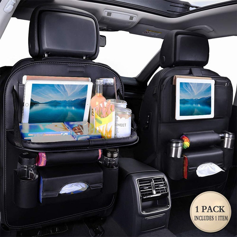 Car Back Seat Organizer Storage Bag with Foldable Table Tray Tablet Holder Tissue Box Auto Back Seat Bag Protector Accessories