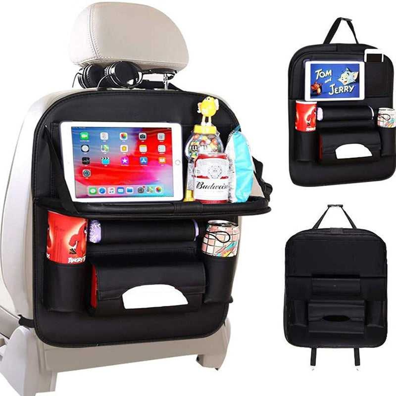 Car Back Seat Organizer Storage Bag with Foldable Table Tray Tablet Holder Tissue Box Auto Back Seat Bag Protector Accessories