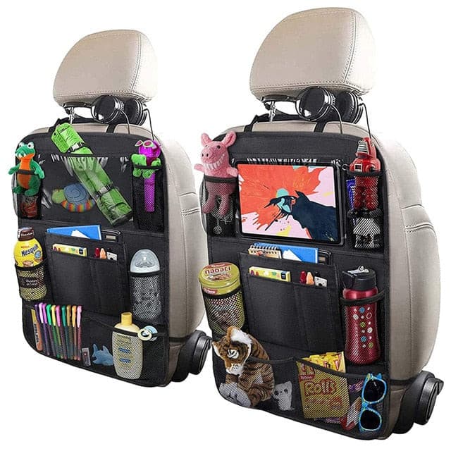 Car Backseat Organizer with Table Holder 9 Storage Pockets Seat Back Protectors Kick Mats for Kids Toddlers 2 Pack Accessories